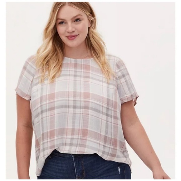 Torrid Womens Abbey‎ Woven Textured Plaid Button Back Top Size 1x Pink Grey - Picture 1 of 10